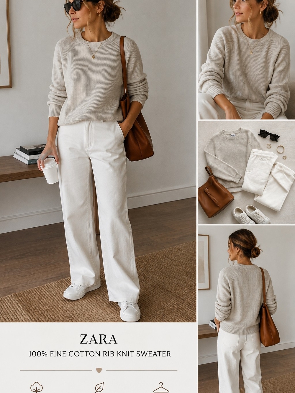 ZARA 100% Fine Cotton Rib Knit Sweater Size M Beige Oatmeal